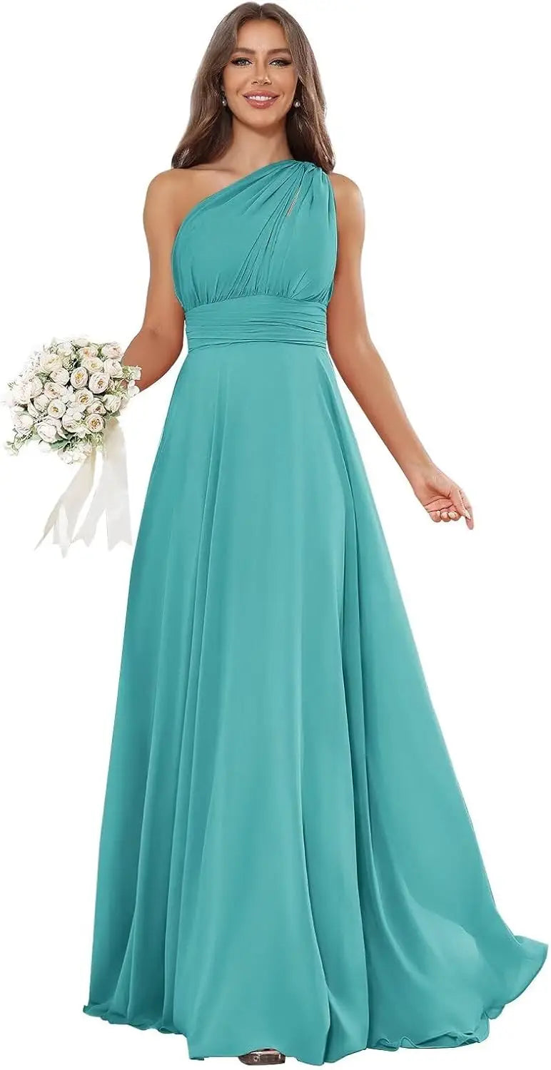 Vestidos de Daminha de Um Ombro para Mulheres Vestido de Noite Formal Longo de Chiffon Plissado Vestidos de Madrinha para Casamentos