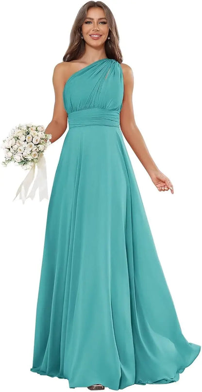 Vestidos de Daminha de Um Ombro para Mulheres Vestido de Noite Formal Longo de Chiffon Plissado Vestidos de Madrinha para Casamentos