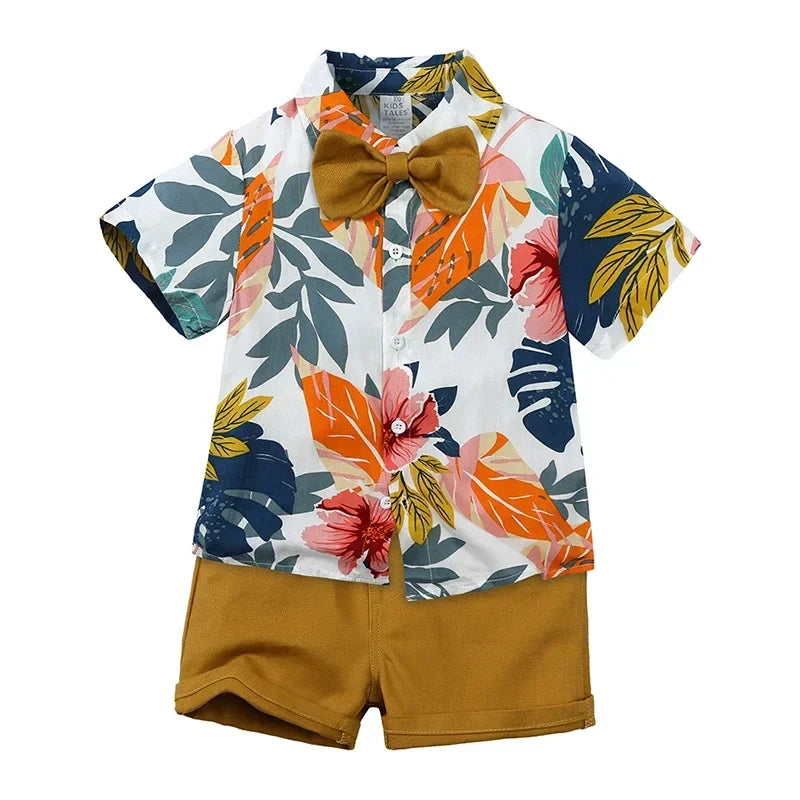 Toddler Baby Boys Sets Summer Hawaiian Outfit Infant Kids Floral Print Short Sleeve Shirt Bowtie Shirt+Shorts Gentleman Suits