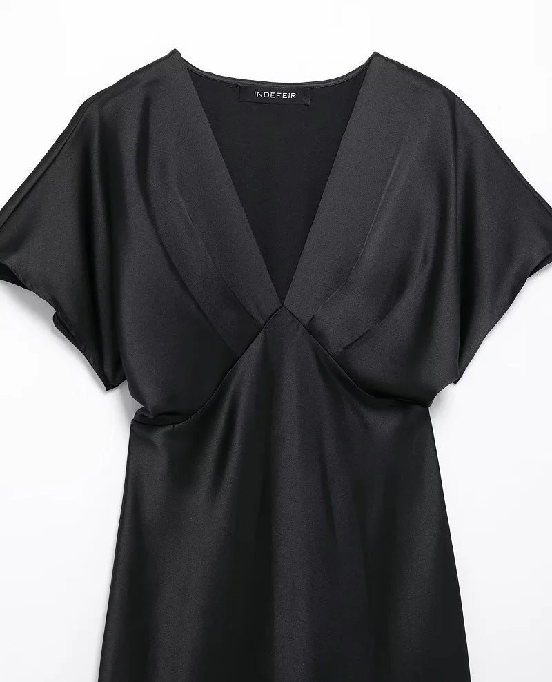 Satin Long Dress Woman Black Draped Midi Dresses for Women Elegant Party Women Dresses Short Sleeve Chic Female Dress