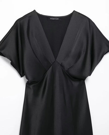 Satin Long Dress Woman Black Draped Midi Dresses for Women Elegant Party Women Dresses Short Sleeve Chic Female Dress