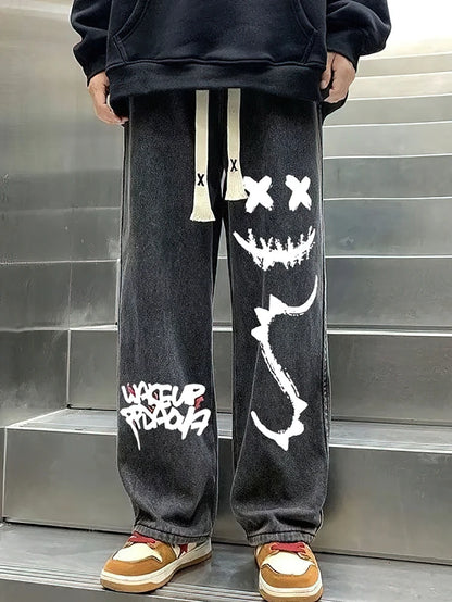 Calça Jeans Preta Estampada Masculina Folgada Reta Oversize Gráfica Casual Perna Larga Denim Calças Compridas Coreanas Calças de Moletom Com Cordão
