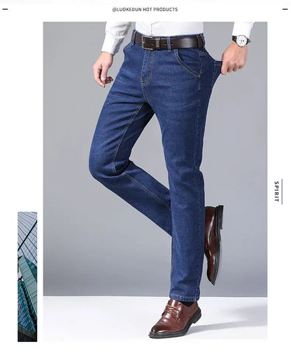 Autumn Spring Business Jeans Men Casual Comfortable Straight Denim Pant Stretch Fashion Classic Soft Premium Blue Black Trousers