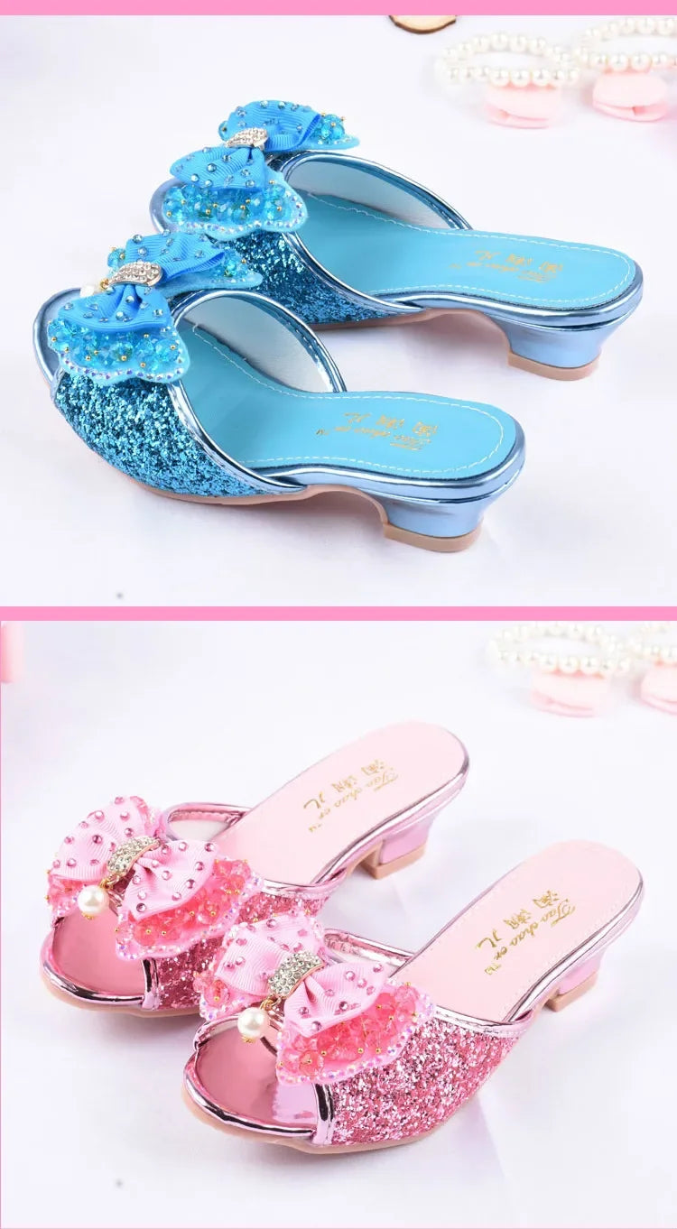 Girls Summer Sandals Slipper Sequined Princesse Children High Heel Party Dress Shoes Leather Slipper For Kids Slides