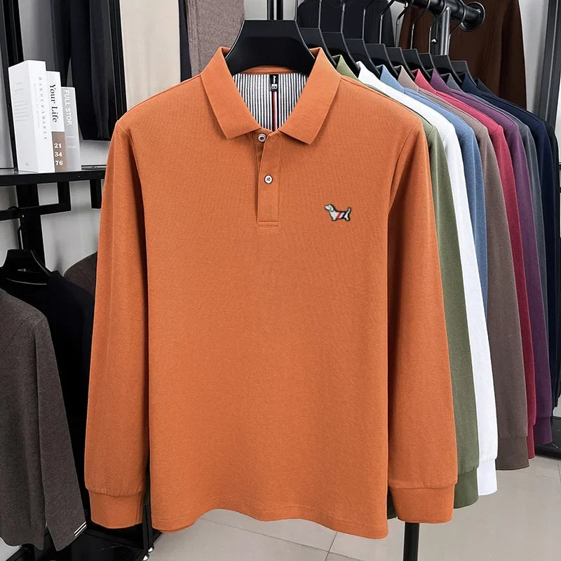 100% pure cotton autumn high-end luxury men's brand long sleeved polo shirt original embroidered dog design golf top T-shirt