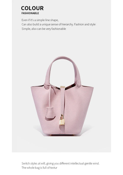 2025 Casual Fashion Female Genuine Leather Bucket Bag Luxury Handbag High-End Tote Bag Woman Cow Leather Mommy Bag & Metal Lock