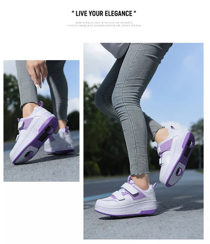 Autumn 2025 Kids Walking Shoes Detachable Double Wheel Roller Skates Boy Leather Student Shoe Four Wheeled Children Shoes Girl