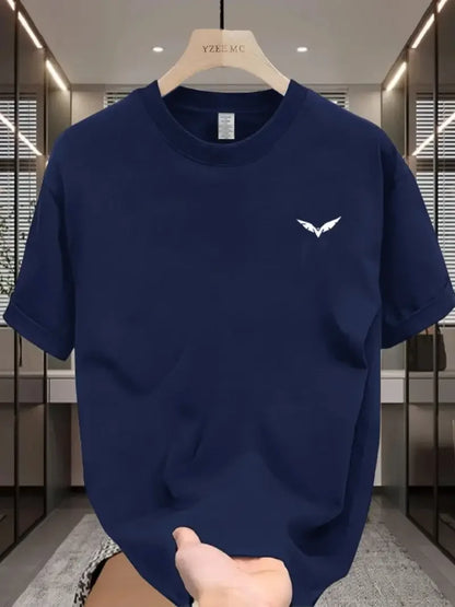 Simple wing pattern printed casual T-shirt for men's summer short sleeved round neck gym with humorous design suitable for sport