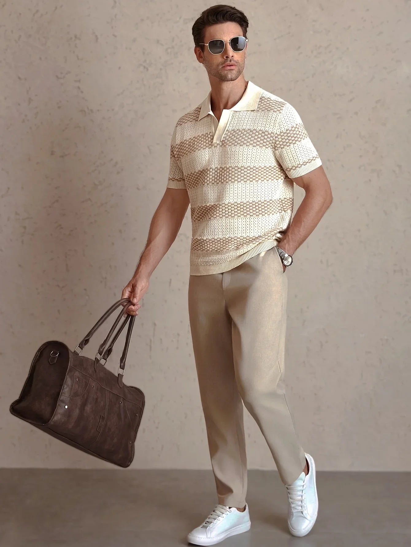 Daily Casual Mens Knitted Polo Shirts 2026 Summer Fashion Striped Contrast Color Knit Pullovers Men Stylish Turn-down Collar Top