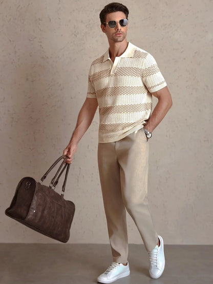 Daily Casual Mens Knitted Polo Shirts 2026 Summer Fashion Striped Contrast Color Knit Pullovers Men Stylish Turn-down Collar Top