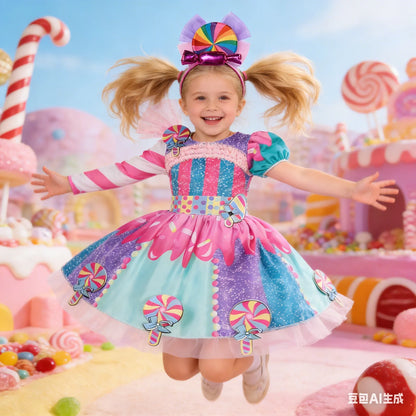 New Candy Dress Lollipop Cosplay Costume Rainbow Dress Carnival Purim Party Princess Dress Long Short Sleeves Candies Dresses