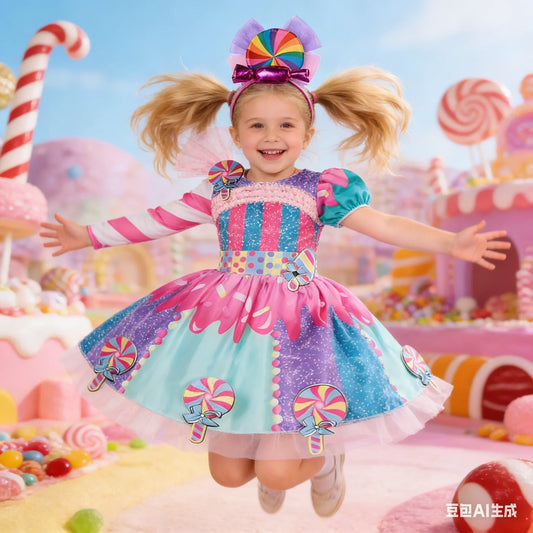 New Candy Dress Lollipop Cosplay Costume Rainbow Dress Carnival Purim Party Princess Dress Long Short Sleeves Candies Dresses