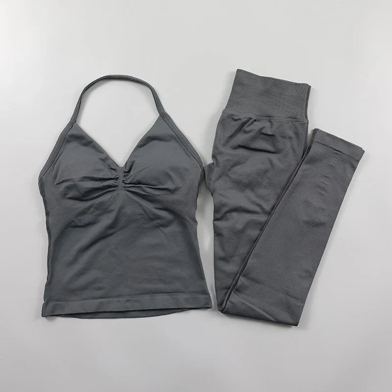 Yoga Longline Strappy Top Leggings Set Women's Backless Camisole Built-In bra Vest High-Waisted Hip Lift Gym Shorts Sports Set