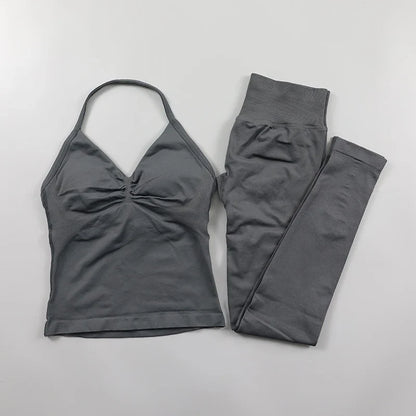 Yoga Longline Strappy Top Leggings Set Women's Backless Camisole Built-In bra Vest High-Waisted Hip Lift Gym Shorts Sports Set
