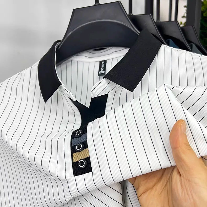 Brand striped design men's short sleeve fashionable polo shirt 2024 summer new cool and breathable casual lapel golf T-shirt