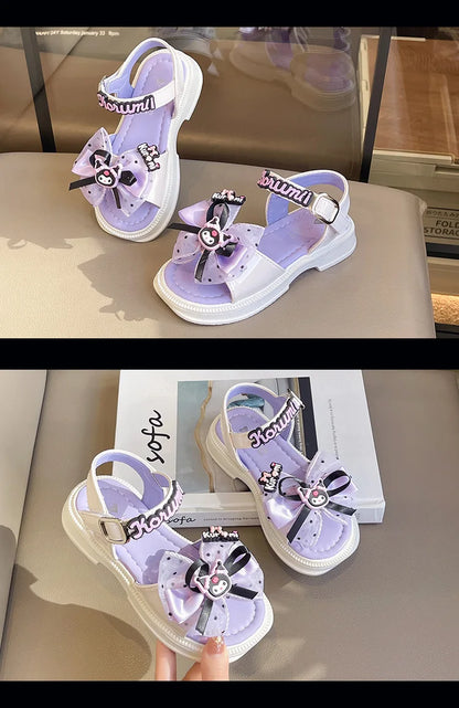 Kids'Sandals Kuromi PU Leather Bow Flat Spring Shoes For Girls Anti-slip Soft Thick Bottom White Black Shoes Size 25-36
