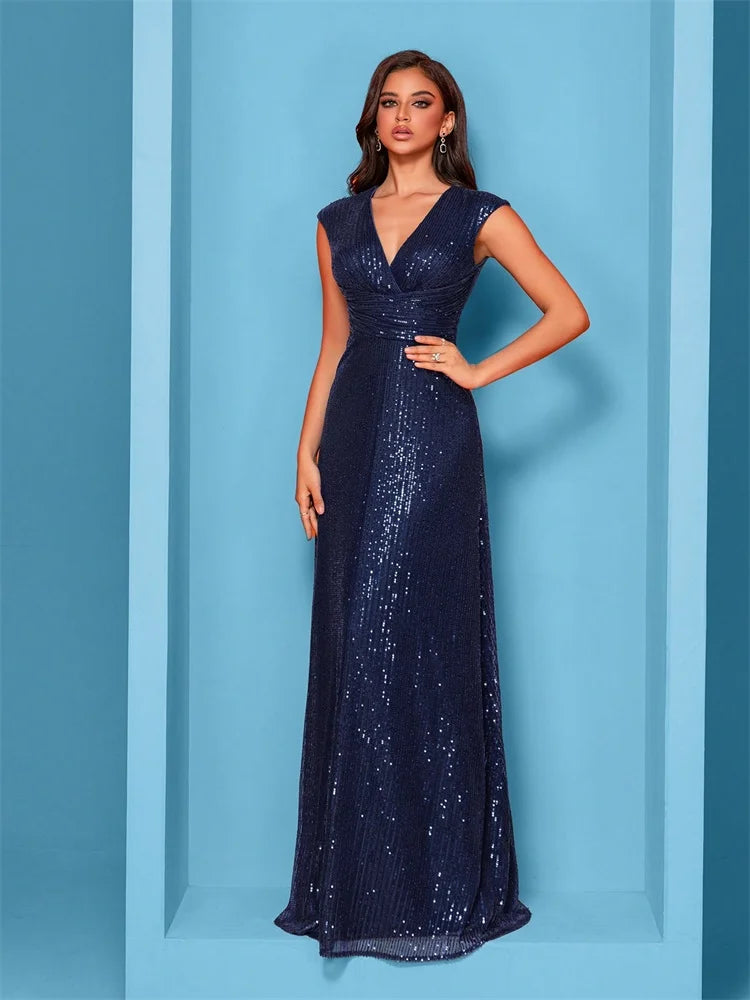 legant V Neck Silver Sequins Evening Dresses 2025 Women Sleeveless Party Maxi Mermaid Dress Long Luxury Prom Gown