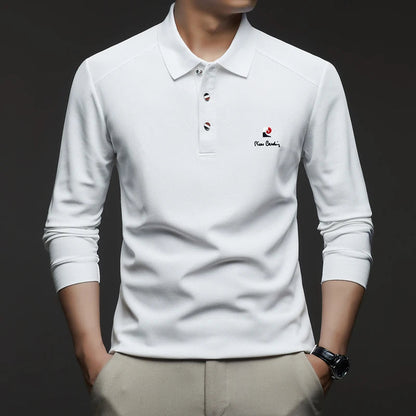 Original Design Men's Polo Shirt Lapel Long Sleeve T-Shirt Autumn New Solid Exquisite Letter Embroider Business Smart Menswear