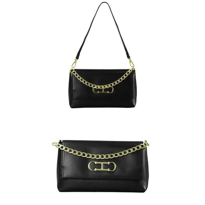 Elegant Black Leather Women Shoulder Bag Metal Logo Flap Handbag Chain Strap Office Commute Daily Casual