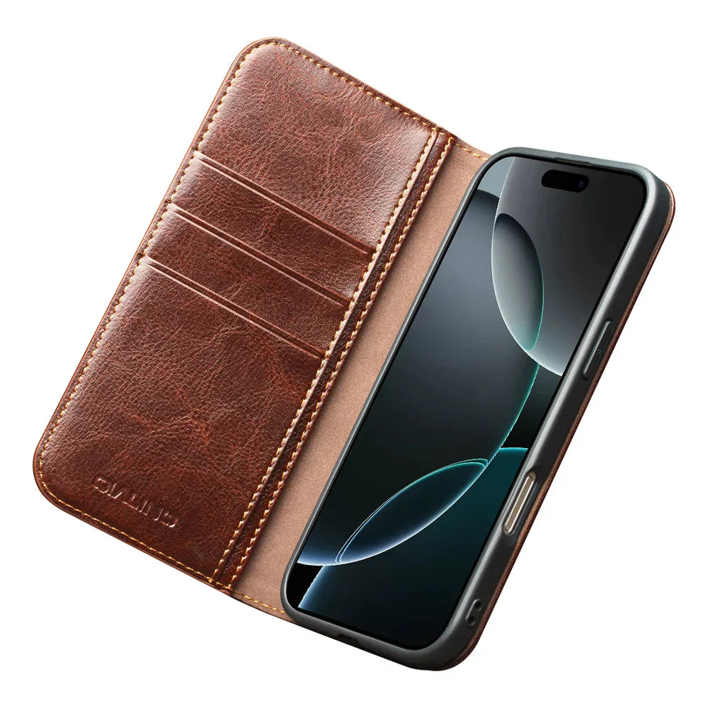 Case for iPhone 17 Pro Max Luxury Ultra Slim Handmade Genuine Leather Wallet Card Slot Flip Cover for iPhone 17 Pro/Air