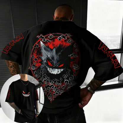 Gengar Anime Printing Black T-shirt 2026 Autumn/Winter New Harajuku Men's and Women's Loose Daily Parent-child Top