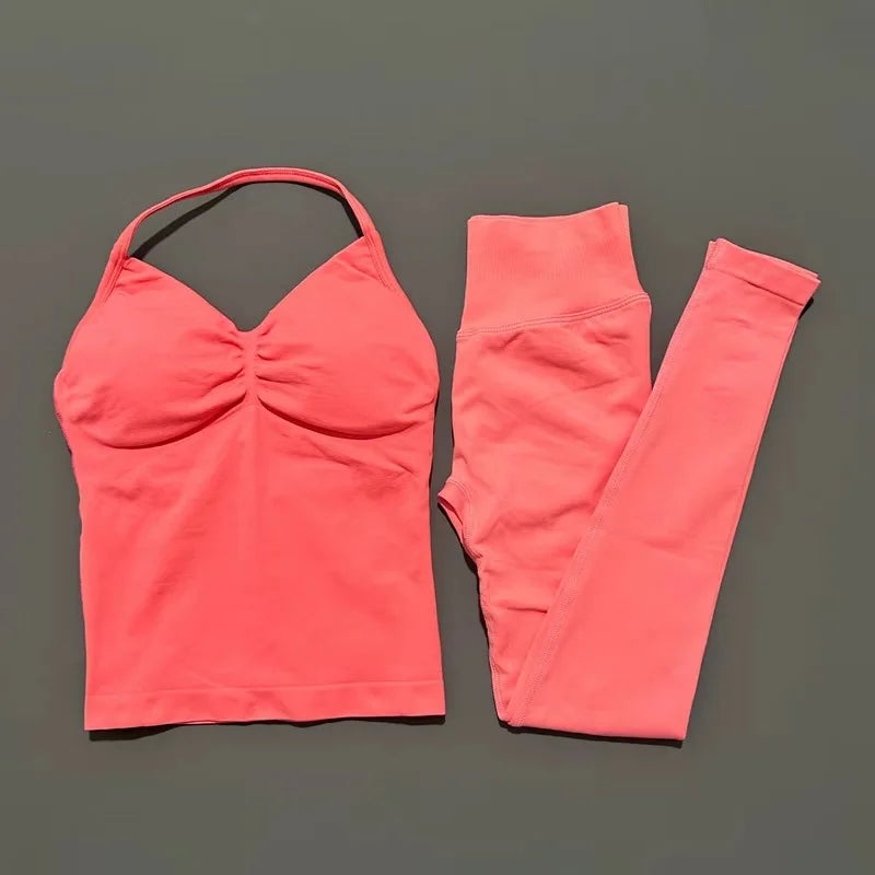 2Piece Sports Gym Set Women Longline Strappy Top Fitness Clothes Seamless Yoga Set Running Workout Sports Leggings Sets