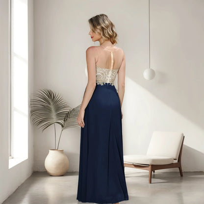 Elegant Sweetheart Prom Dress with Gold Embroidered Bodice & Flowing Chiffon Skirt for Homecoming & Formal Events