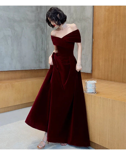 Spring Long Luxury Elegant Wine Red Soft Velvet Evening Party Wedding Dresses for Women 2022 Off Shoulder Maxi Dress