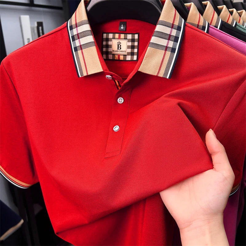 Fashion brand luxury short sleeve polo shirt men summer quality silky cotton breathable business casual striped collar T-shirt