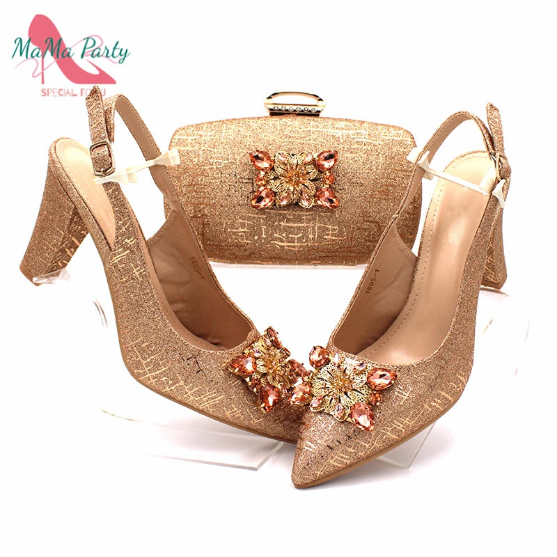 Nigerian Women Shoes and Bag Set in Gold Color High Quality New Arrivals Classics Style for Garden Party