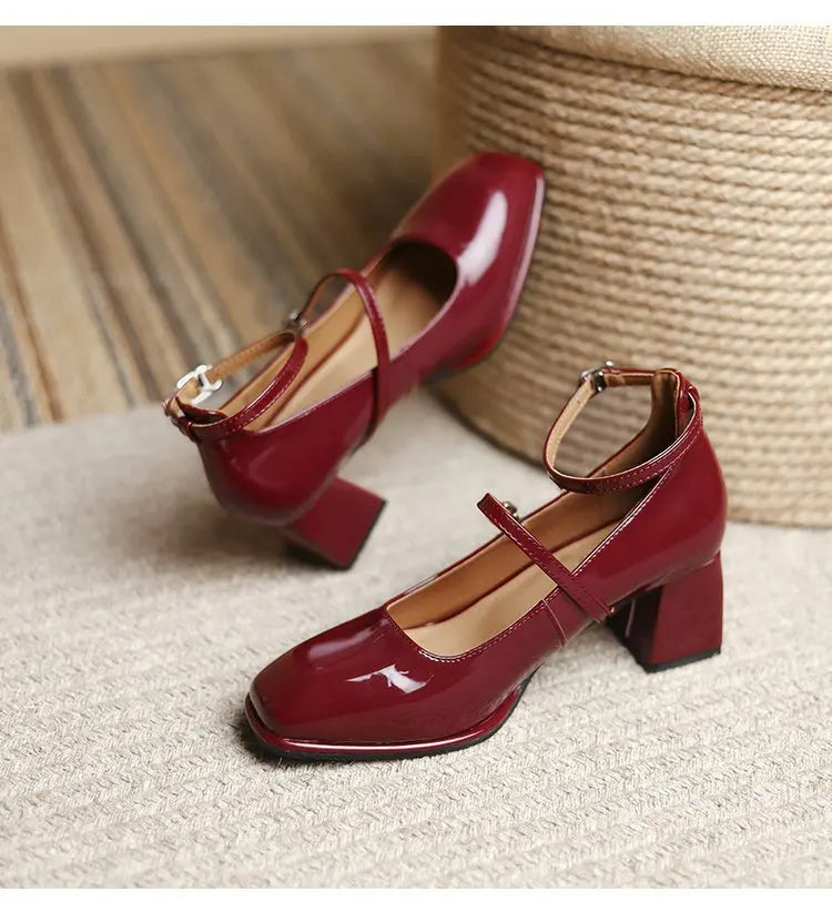 2024 New Mary Jane Shoes High Quality Leather Shoes Shallow Square Toe Womens Sandals Buckle Strap Women's Pumps