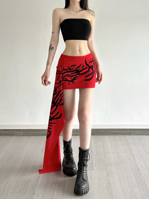 Y2K Millennium Graffiti High Waist Midi Skirt Women's Cool Unisex Asymmetrical Design Polyester Spandex Blend
