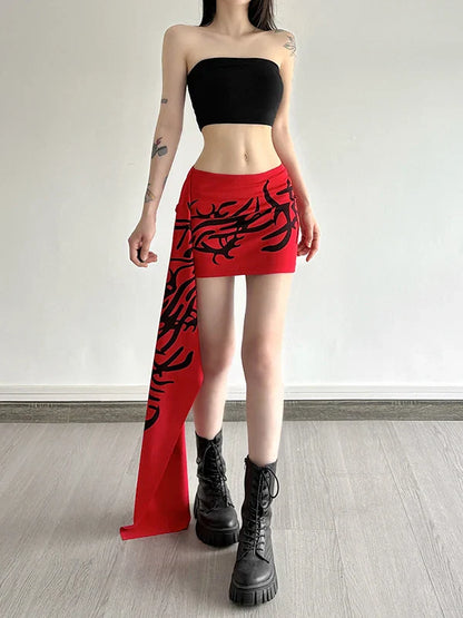Y2K Millennium Graffiti High Waist Midi Skirt Women's Cool Unisex Asymmetrical Design Polyester Spandex Blend
