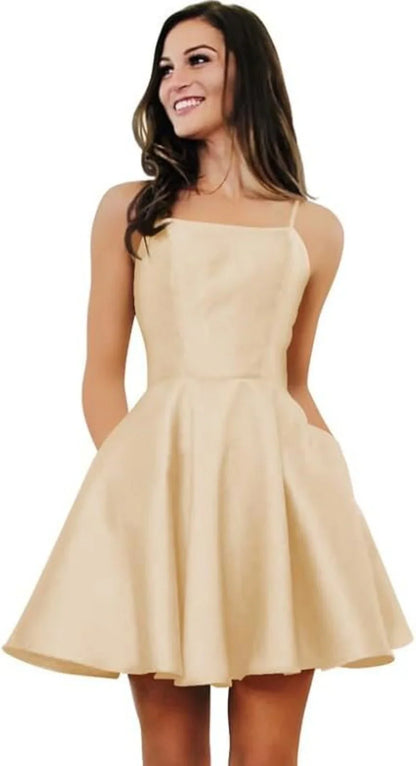 Short Homecoming Dresses for Teens With Pockets Spaghetti Straps Satin Prom Dress for Women A-line Knee Length Party Dress