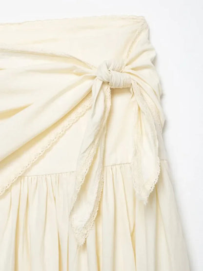 Women MIDI Skirts 2026 Fashion Solid Wrap Drawstring Bow High Waist Pleated Female Elegant Street Skirt Clothes