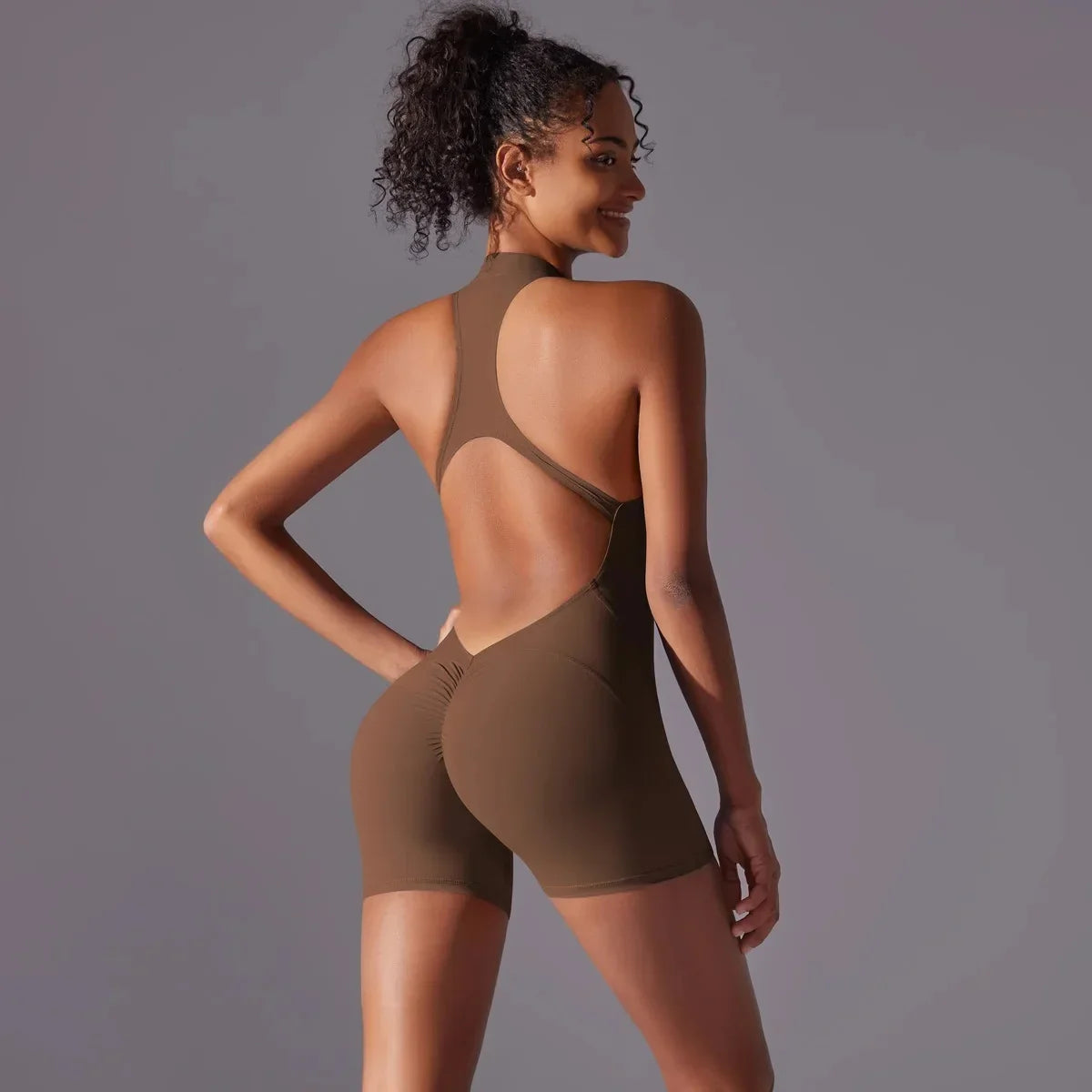 High intensity exercise back yoga set, quick drying wrinkle removal, hip lifting, tight fitting jumpsuit, zipper beauty, nude fe
