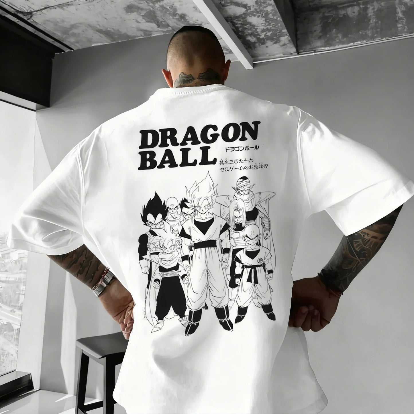 Oversized T-shirt High Quality 100% Cotton Kid Goku with Power Pole Line Art Print UnisexCasual Y2K