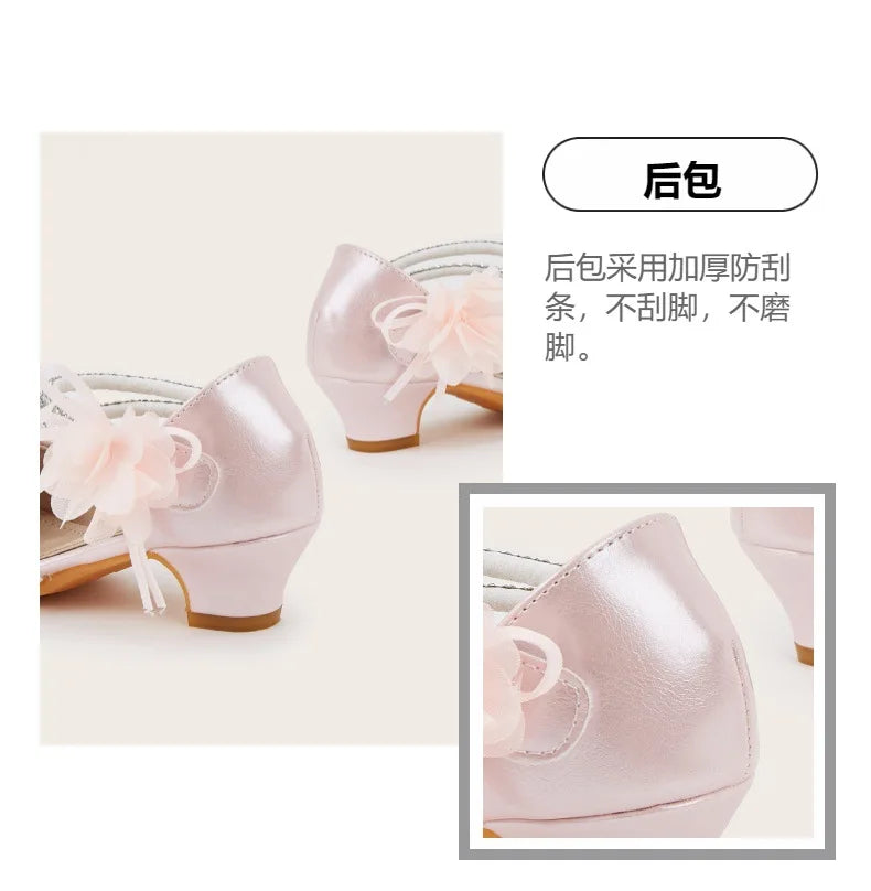 2025 Summer New Fashion Flower Girls' Princess Shoes Crystal Performance Children's Sandals Pointed Toe Children's High Heels