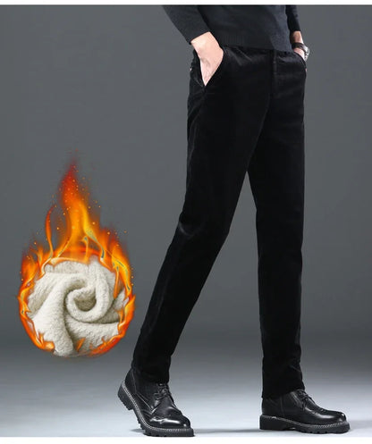 Fleece Winter Brand Men Clothing Corduroy Pants Warm Business Slim Velvet Korean Casual Trousers Male Plush Pants