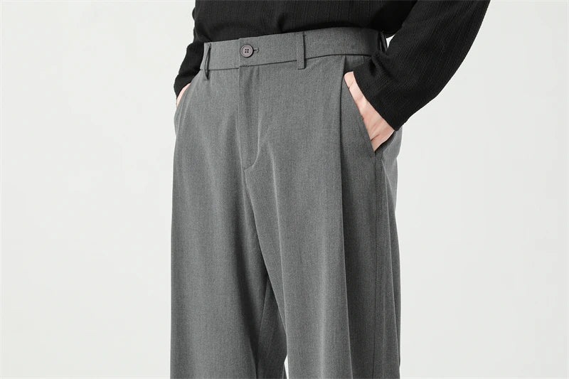 Men's Spring Essential Suit Pants Elastic Waist Loose Straight Black Gray Casual Business Work Slacks Fashion Trendy Daily Wear
