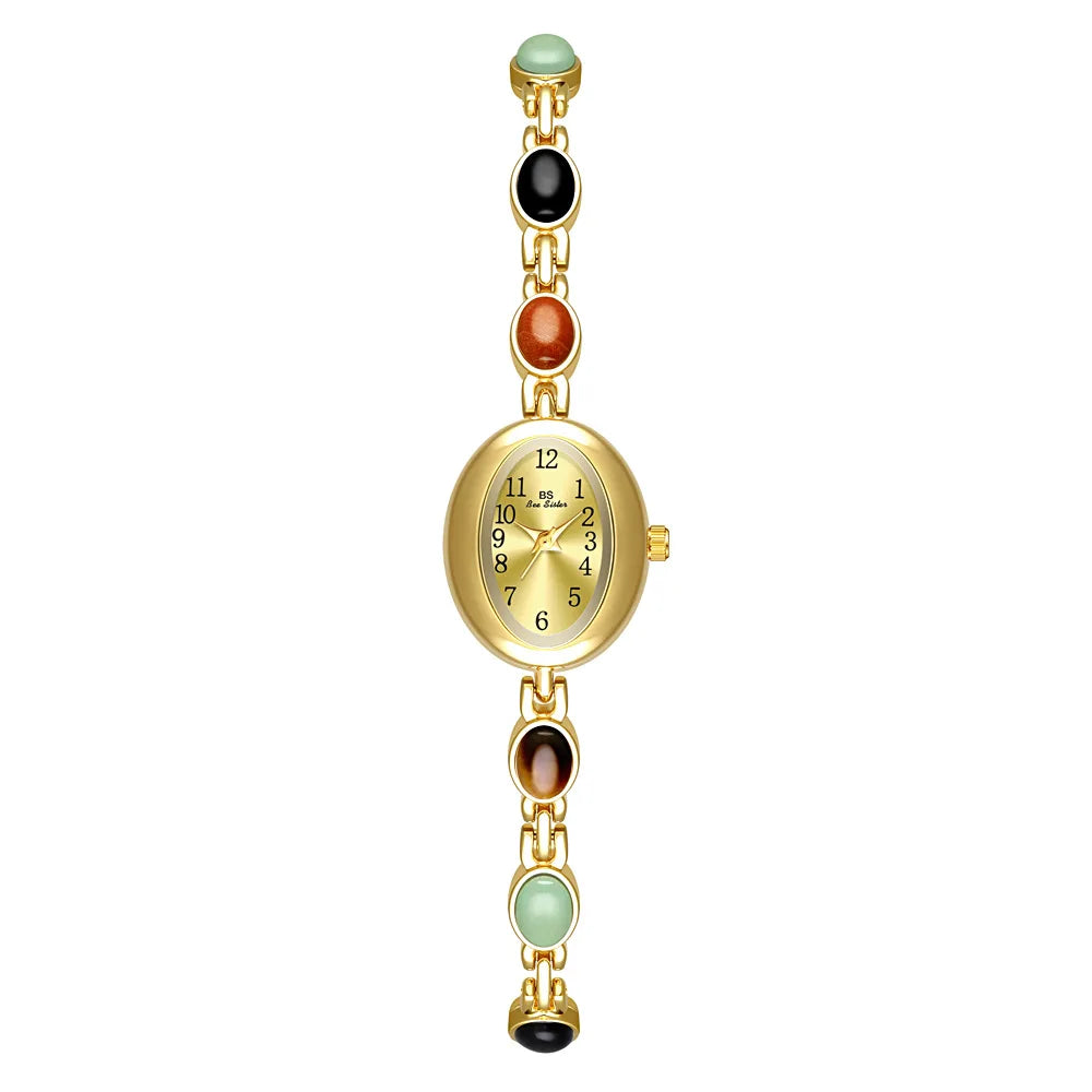 Women's watch Vintage Natural Colorful Jade Bracelet Wristwatches Clock,Luxury Elegant Small Oval Dial Quartz Watch Waterproof