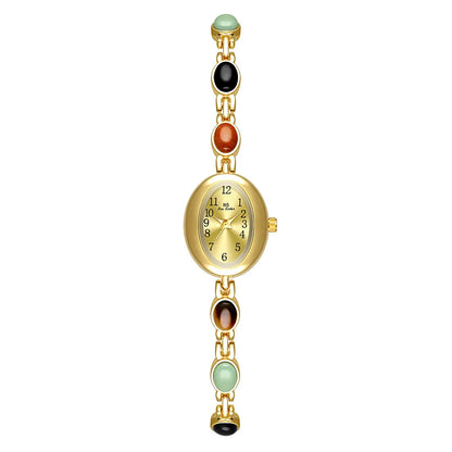 Women's watch Vintage Natural Colorful Jade Bracelet Wristwatches Clock,Luxury Elegant Small Oval Dial Quartz Watch Waterproof