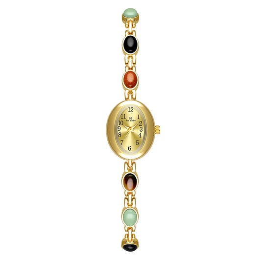Women's watch Vintage Natural Colorful Jade Bracelet Wristwatches Clock,Luxury Elegant Small Oval Dial Quartz Watch Waterproof