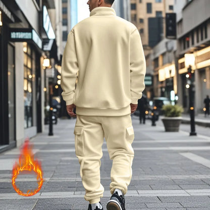 2024 autumn and winter men's casual velvet warm zipper sports trousers set