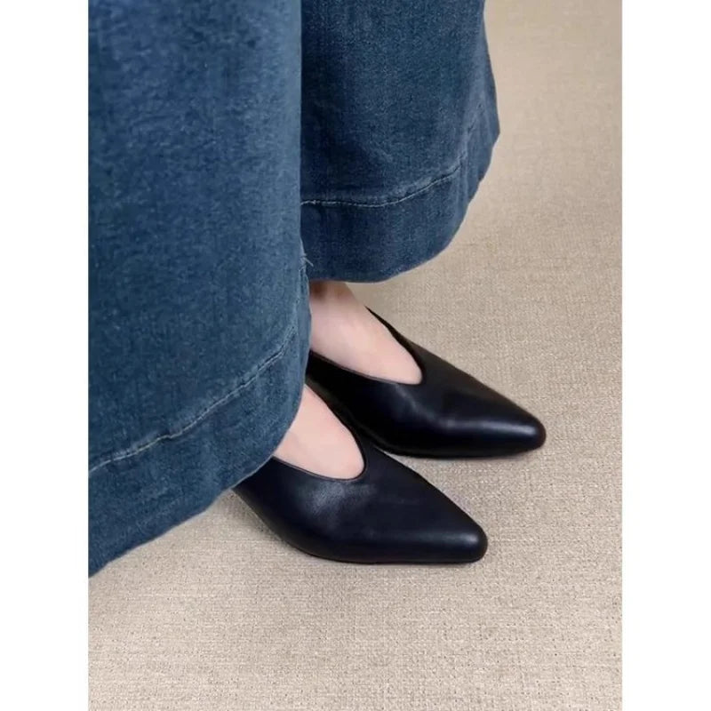 2025 New Women's Pointed Toe Chunky Heel Pumps - French Retro Low Cut Dress Shoes for Office - Comfortable & Versatile