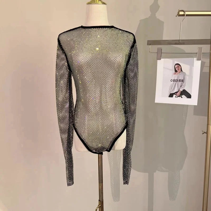 Women's Shiny Rhinestone Fishnet See-Through Bodysuit Mesh Fashion Sexy Bodysuit