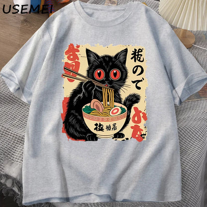 Vintage Japanese Black Cat Ramen T Shirts Cute Graphic Tee Funny Cat Eating Ramen T-Shirt Printing Cotton Short Sleeve Vintage