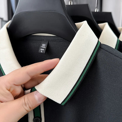 High Quality Man Short-Sleeved Polo Shirt Lapel Button Color Blocking Pattern Printing New T-Shirt Business Casual Men'sClothing