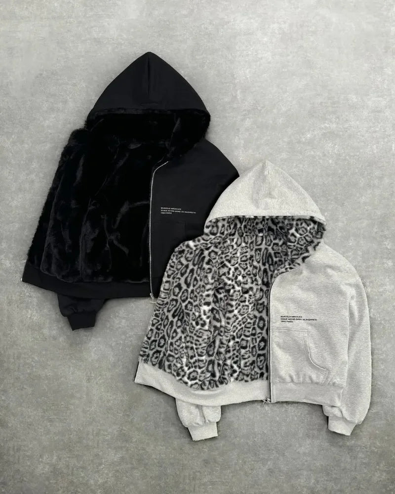 Hip-hop Nova Roupa Dupla Face Harajuku Retro Estampa de Leopardo Moda Solta Zíper Moletom Masculino Street Casual Feminino