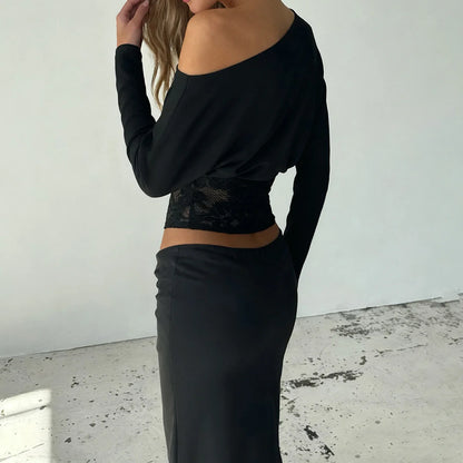 Elegant Off-Shoulder Lace-Trimmed Waist-Defining Top Retro Streetwear Solid Long-Sleeve T-Shirt For Women Spring-Summer